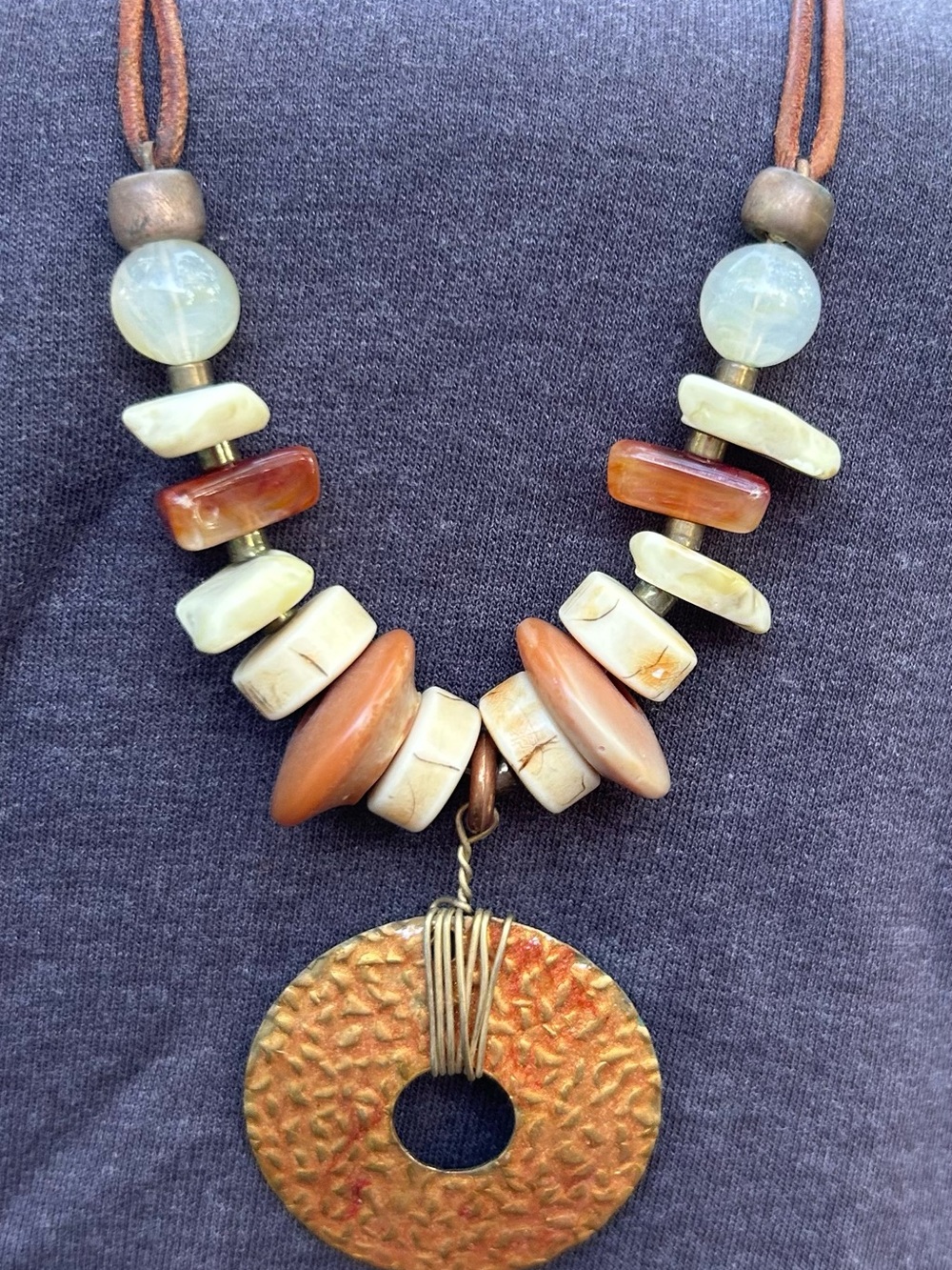 Boho Multi-Stone Pendant Necklace in Cream & Tan